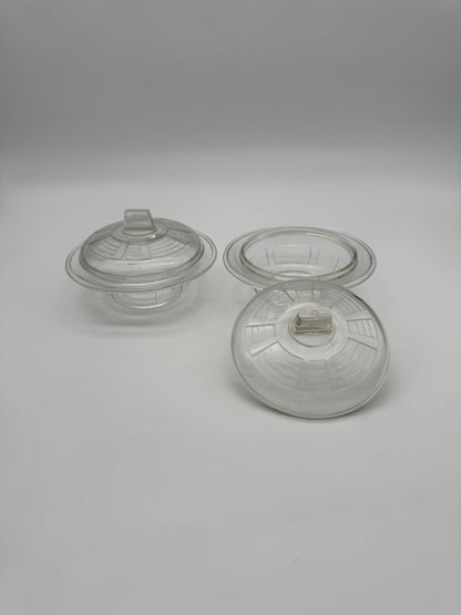 Art Deco - design glazen kom/schaal met deksel - set van 2 stuks