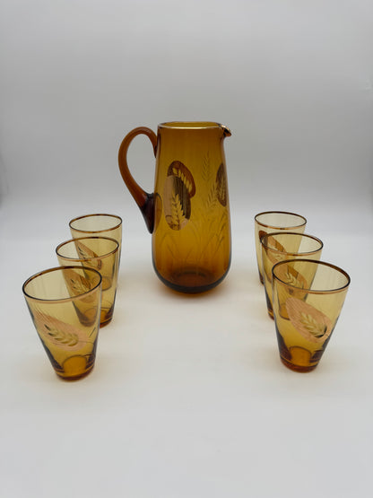 Bohemen glas Mongeblazen, handbeschilderd en gegraveerd - set karaf met 6 glazen - jaren 60