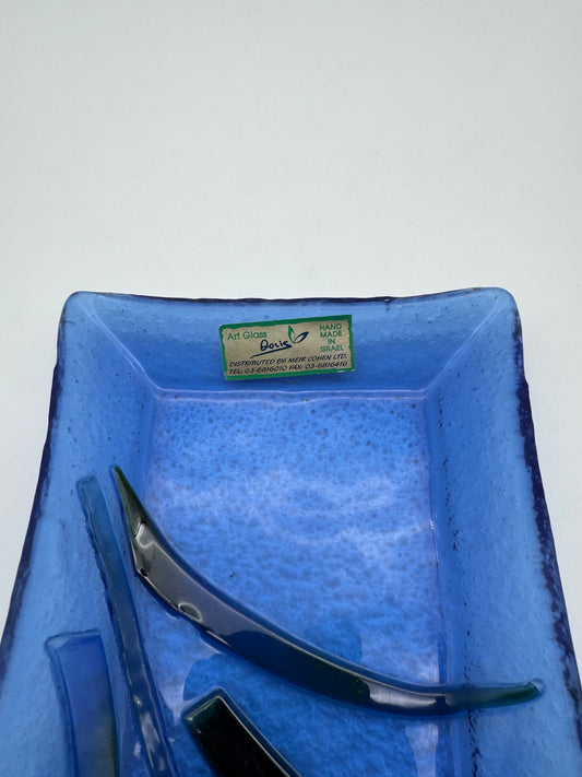 Dienblad kunstglas koningsblauw met gesmolten gele tulp - Art Glass handmade Doris